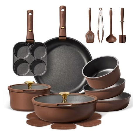 20-Piece Nonstick Pots And Pans Set With Removable Handle (Brown)