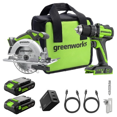 Greenworks 24V 1/2” Brushless Cordless Drill + 6.5” Circular Saw