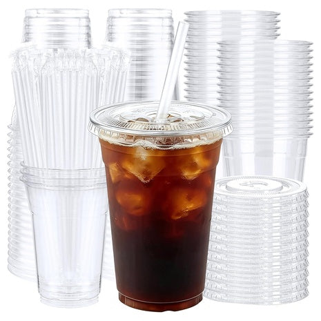 50 16oz Clear Plastic Cups with Lids and Straws