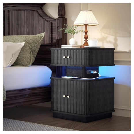 LED Nightstand With 2 Drawers And Charging Station
