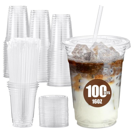 100-Pack 16oz Plastic Cups with Lids & Straws