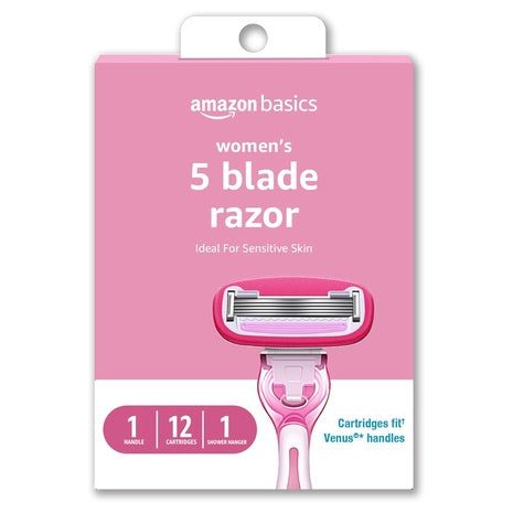 Amazon Basics Women's 5 Blade FITS Razor Handle w/ 12 Cartridges & 1 Shower Hanger