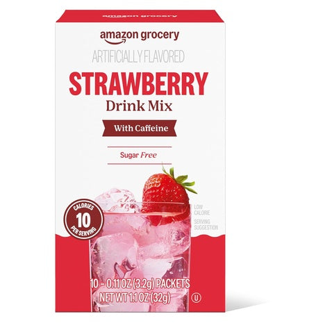 10 Packets Amazon Grocery Strawberry Drink Mix with Caffeine