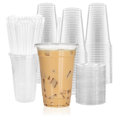 100 20oz Clear Plastic Cups with Lids and Straws