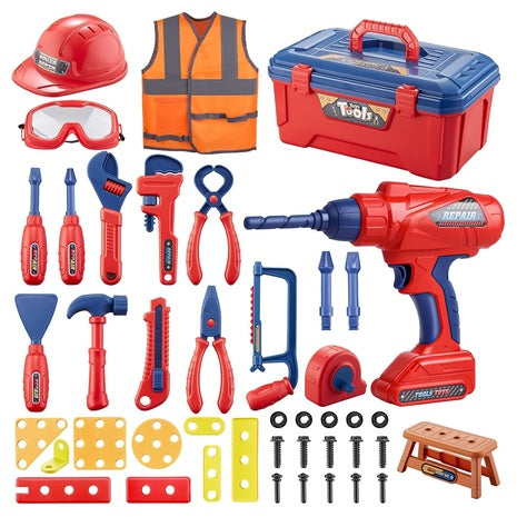 49 Piece Kids Tool Set with Toy Drill, Vest & Hard Hat