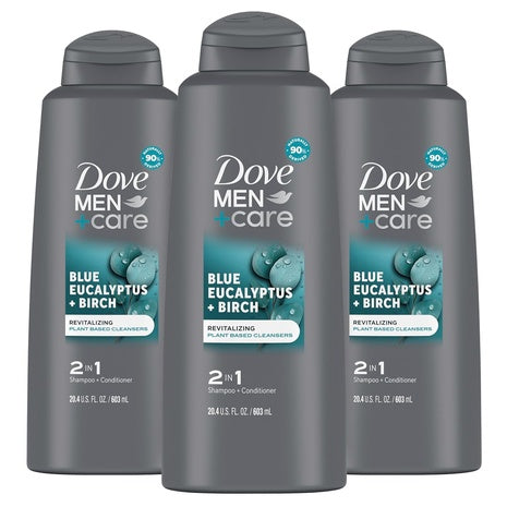 3 Dove Men+Care Eucalyptus + Birch 2-in-1 Shampoo & Conditioner Bottles