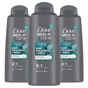 3 Dove Men+Care Eucalyptus + Birch 2-in-1 Shampoo & Conditioner Bottles