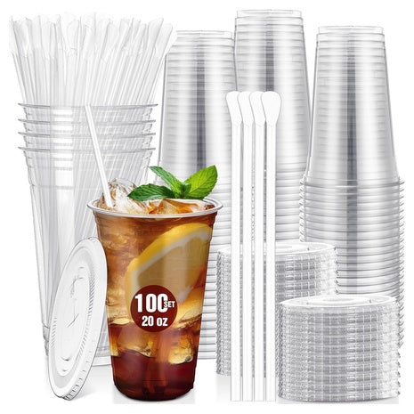 100 Pack 20oz Disposable Plastic Cups with Lids & Straws