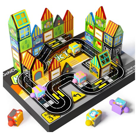 60-Piece Mini Magnetic Tiles Travel Toys with 4 Cars