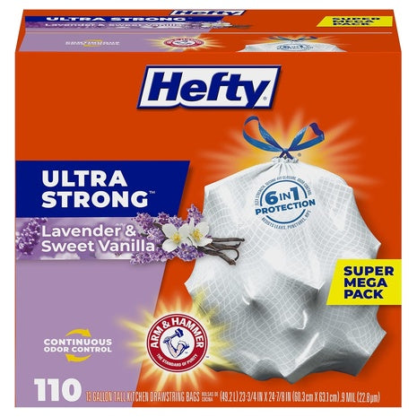 110 Hefty Ultra Strong 13 Gallon Trash Bags, White, Lavender and Sweet Vanilla Scent