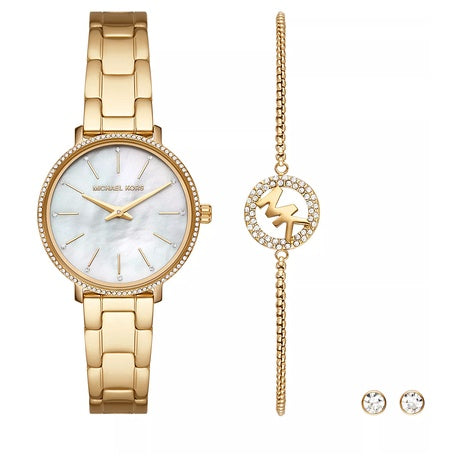 Michael Kors Women's Pyper Two Hand Gold Tone Stainless Steel Bracelet Watch and Earrings Set