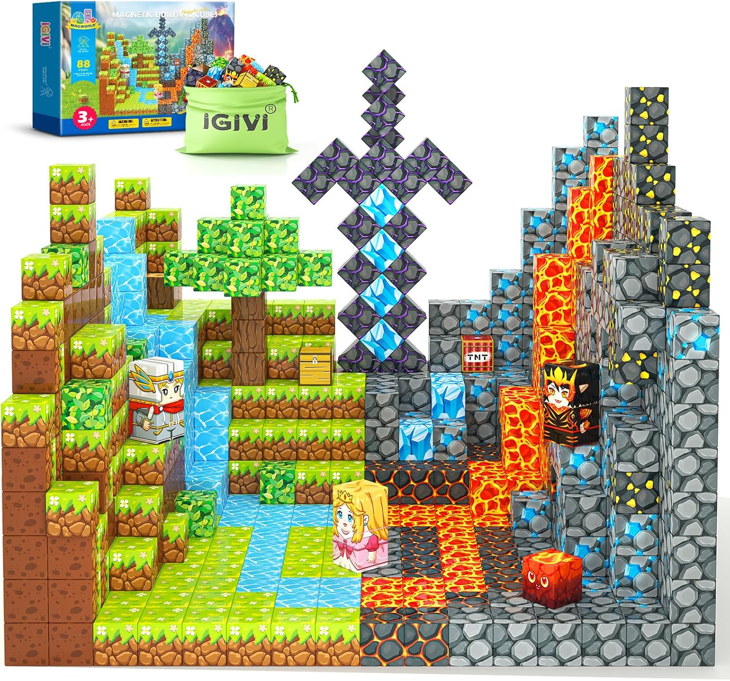 88-Pieces IGIVI Magnetic Blocks Build Mine Magnet World Lava Valley Set