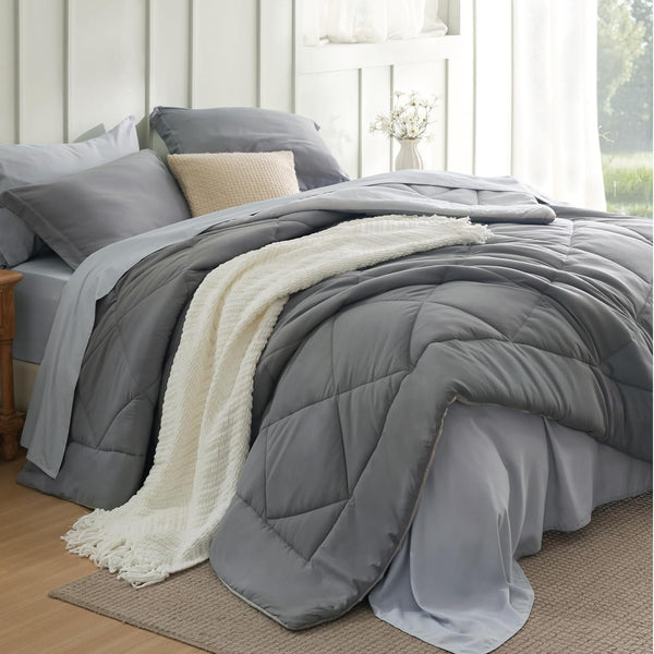 Bedsure Queen 7-Pieces Reversible Grey Bedding Comforter Set