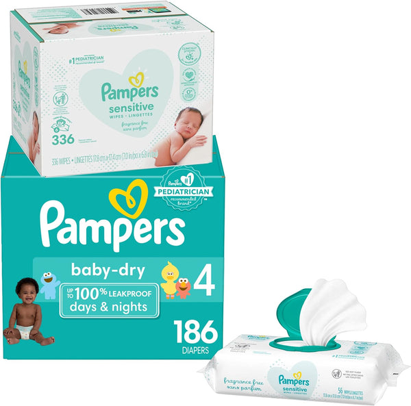 186 pañales Pampers talla 4 y una caja de toallitas húmedas para bebés Pampers