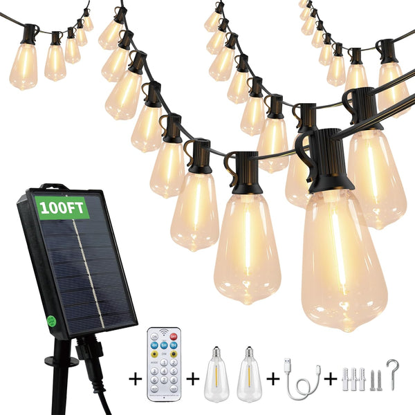 100-Ft IP44 Solar Powered String Lights W/ Remote & 52-Edison Bulbs