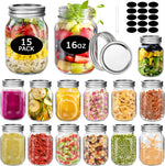 15-Pcs 16 oz Glass Mason Canning Jars with Airtight Leak-Proof Lids