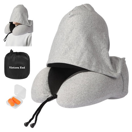 Travel Neck Pillow with Memory Foam & Light-Blocking Hood