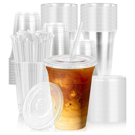 100 Pack 16 oz Disposable Plastic Cups with Lids & Straws