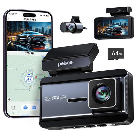 Pelsee P3 4K & 1080P Dash Cam Front and Rear with 64GB SD Card