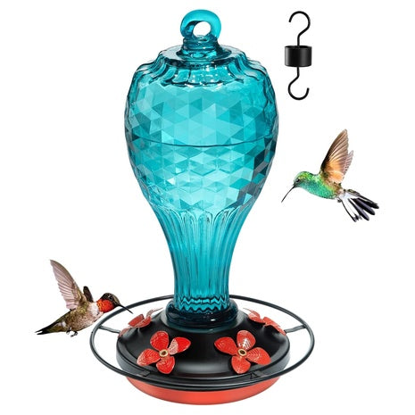 Hand-Blown Blue Glass Hummingbird Feeder