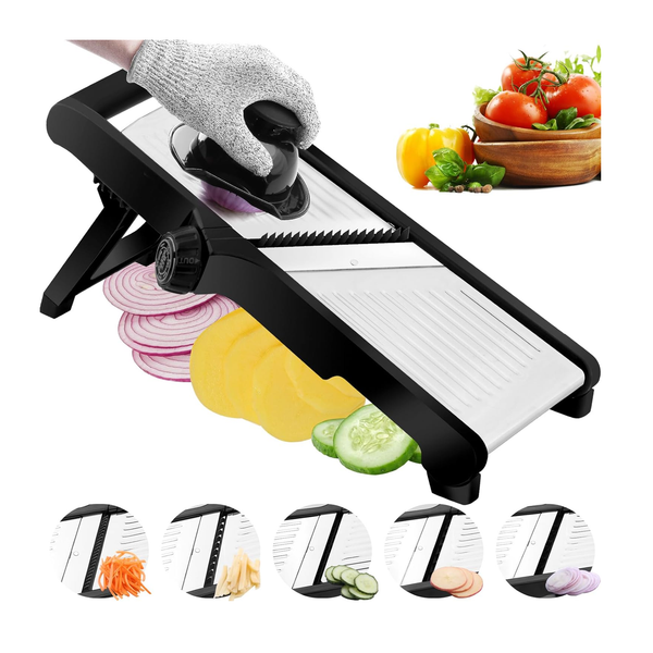Adjustable Stainless Steel Mandoline Food Slicer Set with Safety Gloves and Non-Slip Feet