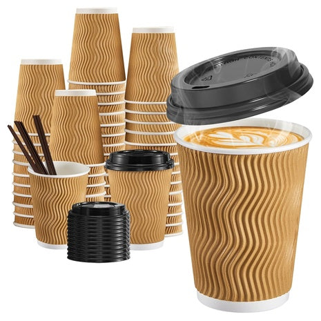 90 12oz Coffee Cups with Lids & Straws