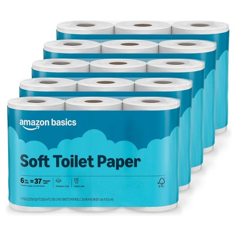 30 Rolls (=182 Reg) Amazon Basics Soft Toilet Paper