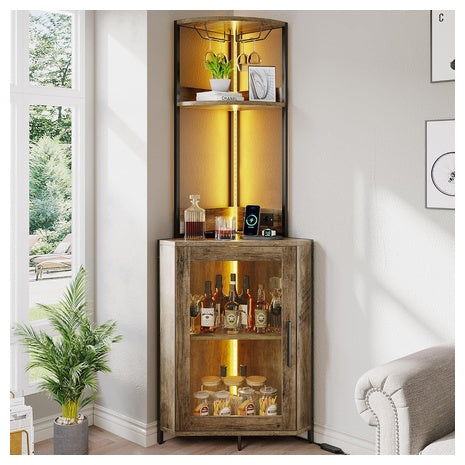 Corner Wine Cabinet With Power Outlets & LED Lights