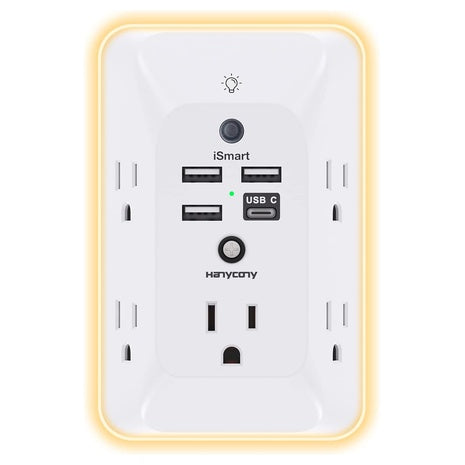 5 Outlet + 3 USB & 1 USB-C Wall Charger with Night Light
