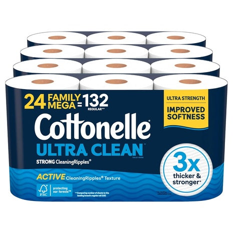 24 Family Mega Rolls (=132 Reg) Cottonelle Ultra Clean Toilet Paper