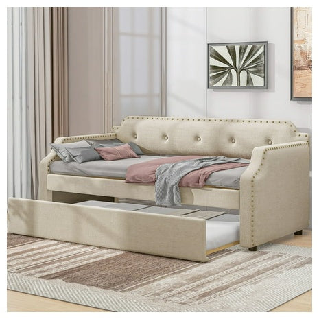 Twin Upholstered Linen Tufted Sofa Bed with Trundle