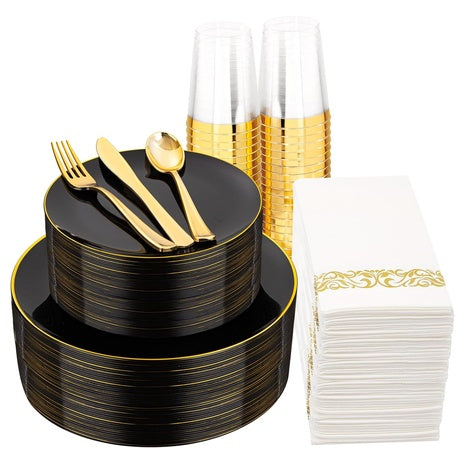 350-Piece Black & Gold Disposable Dinnerware Set
