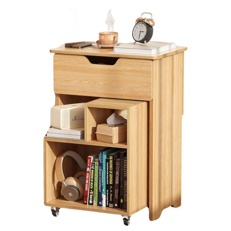 Nightstand with Drawer and Rolling Storage Shelf