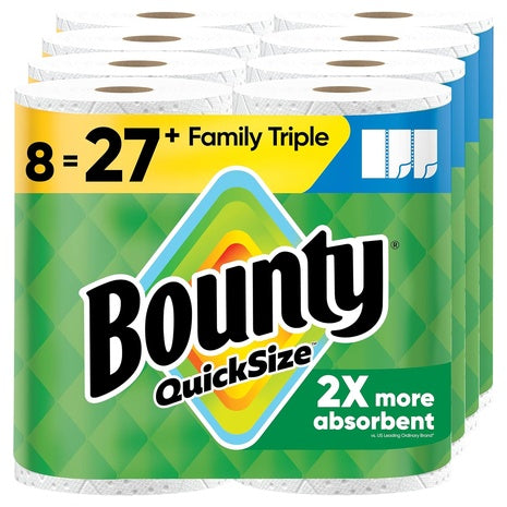 8 Family Triple Rolls (=27 Reg Rolls) of Bounty Paper Towels