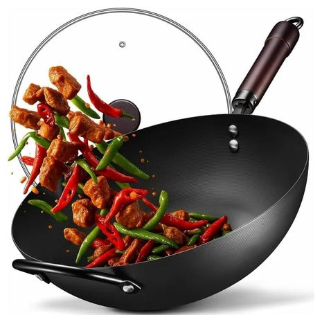 FGJ 13" Pre-Seasoned Carbon Steel Flat Bottom Wok With Glass Lid
