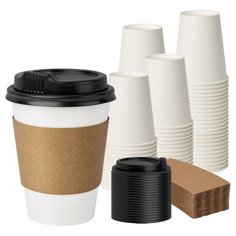 50 12oz Disposable Coffee Cups with Lids & Sleeves