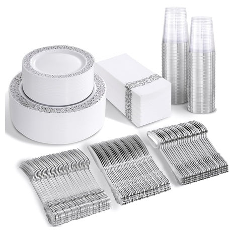 350 Piece Silver Disposable Dinnerware Set