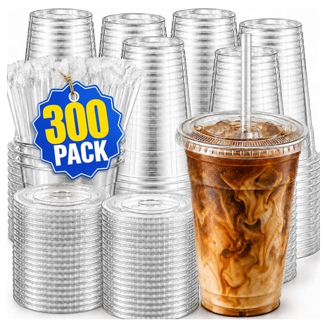 300 16oz Plastic Cups with Lids and Straws