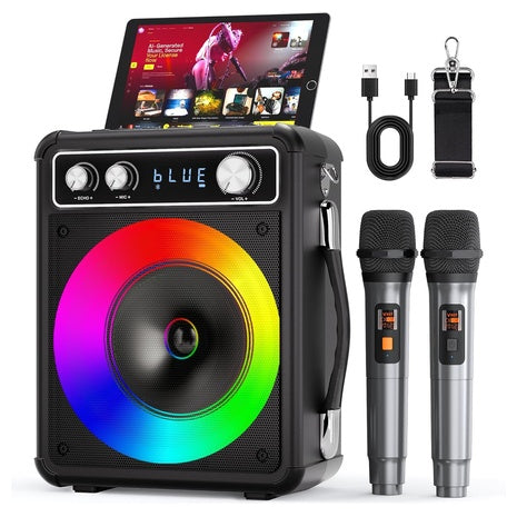 Portable Bluetooth Speaker Karaoke Machine with 2 Wireless Microphones