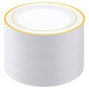 100 White & Gold Disposable Dinner Plates