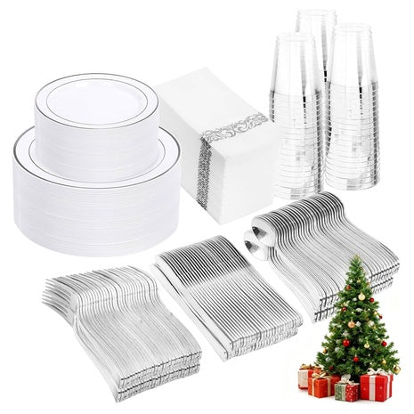 350 Piece Silver Plastic Dinnerware Set