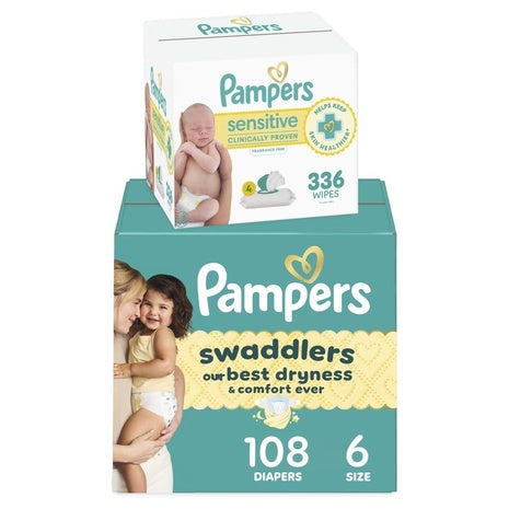 Size 6 Pampers Swaddlers, 108 Diapers + 336 Wipes
