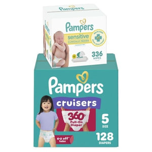 Size 5 Pampers Cruisers 360 Pull-On Diapers, 128 Diapers + 336 Wipes