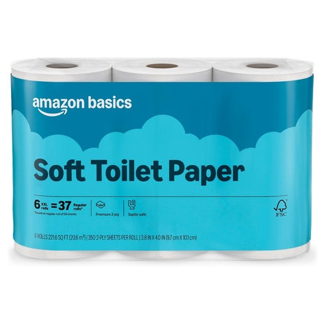 6 Rolls (=37 Reg) Amazon Basics 2-Ply Soft Toilet Paper