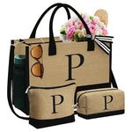 Initial Jute Tote Bag & 2 Makeup Bags Set