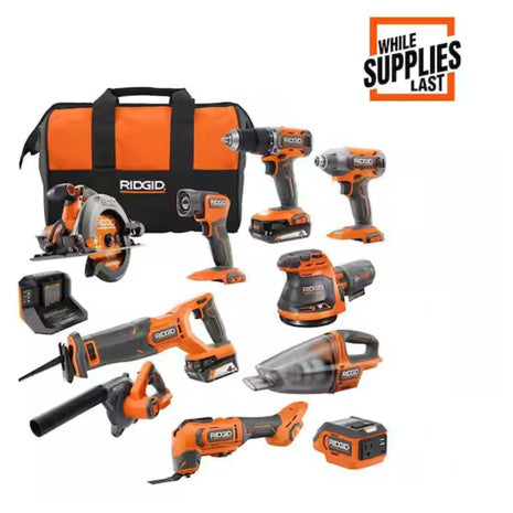 Ridgid 18V Cordless 10-Tool Combo Kit With 2Ah & 4Ah Batteries, Charger & Dual Tool Bags