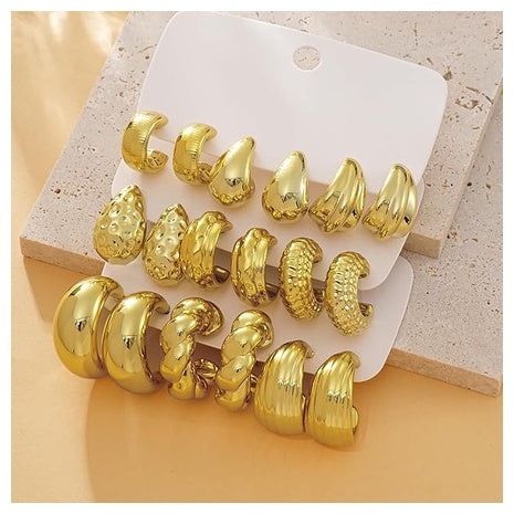 24 Pairs Chunky Gold Hoop Earrings Set