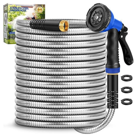 50 ft Stainless Steel Garden Hose with 10 Function Nozzle