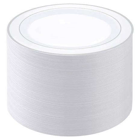100 White & Silver Disposable Dinner Plates
