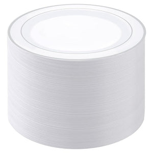 100 White & Silver Disposable Dinner Plates